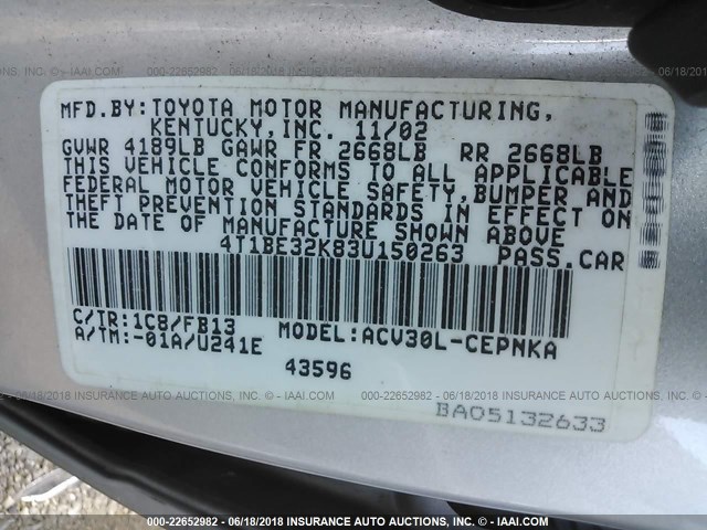 4T1BE32K83U150263 - 2003 TOYOTA CAMRY LE/XLE/SE 银色 照片 8