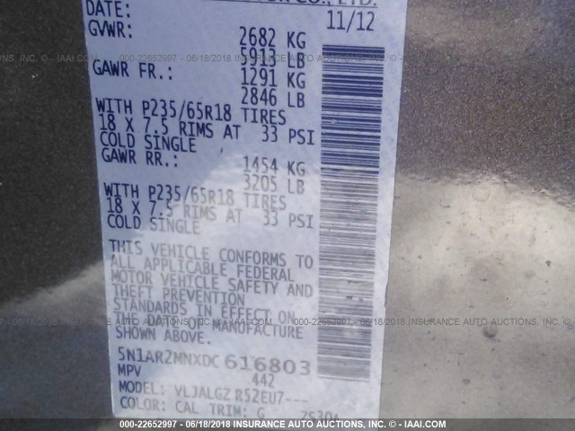 5N1AR2MNXDC616803 - 2013 NISSAN PATHFINDER S/SV/SL/PLATINUM GRAY photo 9