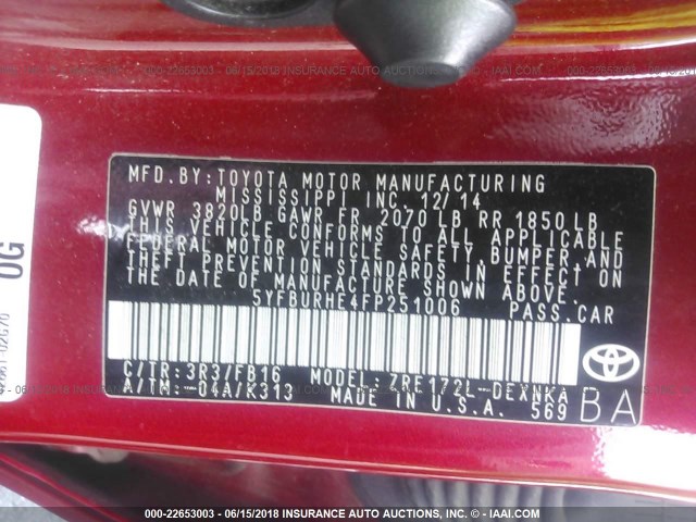 5YFBURHE4FP251006 - 2015 TOYOTA COROLLA L/LE/LE PLS/PRM/S/S PLS RED photo 9