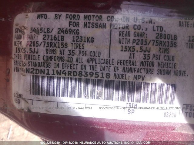 4N2DN11W4RD839518 - 1994 NISSAN QUEST XE/GXE BURGUNDY photo 9