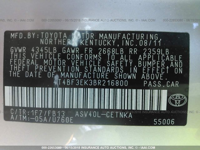 4T4BF3EK3BR216800 - 2011 TOYOTA CAMRY SE/LE/XLE SILVER photo 9