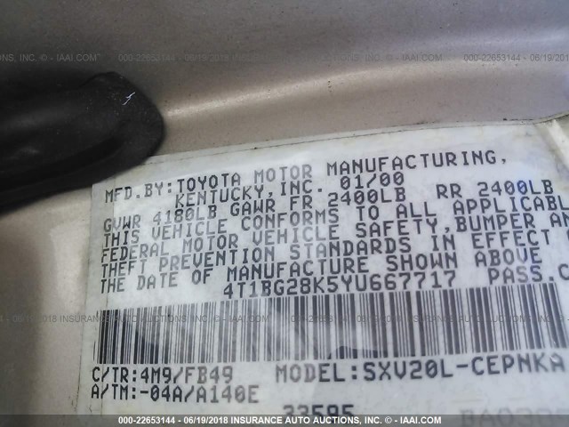 4T1BG28K5YU667717 - 2000 TOYOTA CAMRY CE/LE/XLE BEIGE photo 9