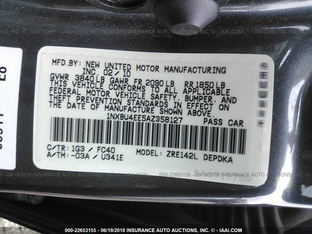 1NXBU4EE5AZ358127 - 2010 TOYOTA COROLLA S/LE/XLE GRAY photo 9