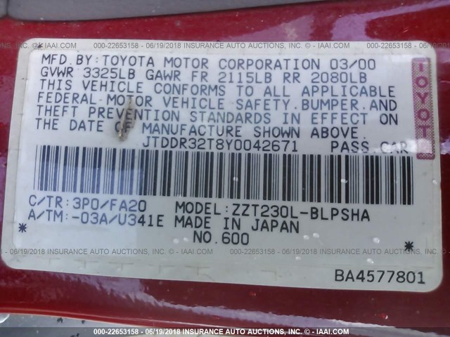 JTDDR32T8Y0042671 - 2000 TOYOTA CELICA GT RED photo 9