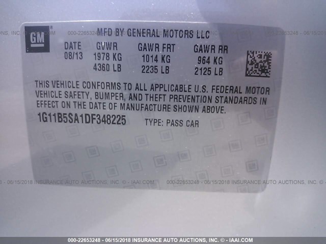 1G11B5SA1DF348225 - 2013 CHEVROLET MALIBU LS 银色 照片 9