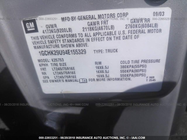 1GCHK29U94E155329 - 2004 CHEVROLET SILVERADO K2500 HEAVY DUTY SILVER photo 9