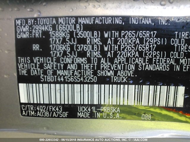 5TBDT44156S543250 - 2006 TOYOTA TUNDRA DOUBLE CAB SR5 GOLD photo 9