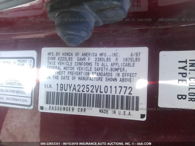 19UYA2252VL011772 - 1997 ACURA 3.0CL RED photo 9