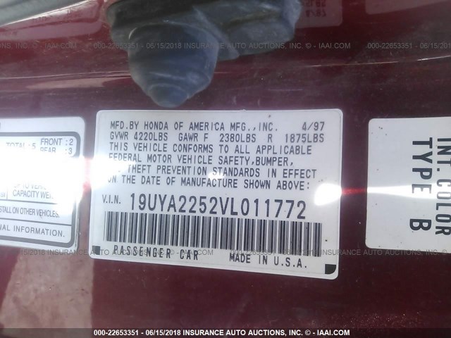 19UYA2252VL011772 - 1997 ACURA 3.0CL Красный фото 9