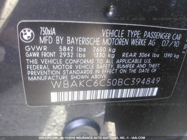 WBAKC6C50BC394849 - 2011 BMW 750 XI GRAY photo 9