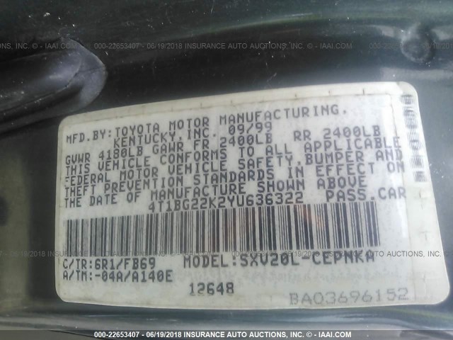 4T1BG22K2YU636322 - 2000 TOYOTA CAMRY CE/LE/XLE GREEN photo 9