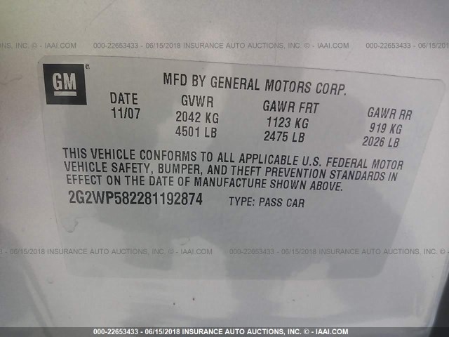 2G2WP582281192874 - 2008 PONTIAC GRAND PRIX SILVER photo 9