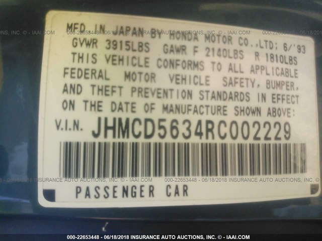 JHMCD5634RC002229 - 1994 HONDA ACCORD LX GREEN photo 9