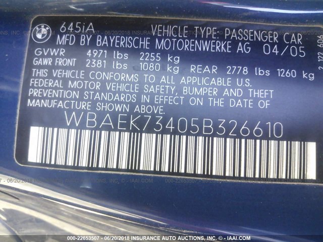 WBAEK73405B326610 - 2005 BMW 645 CI AUTOMATIC BLUE photo 9