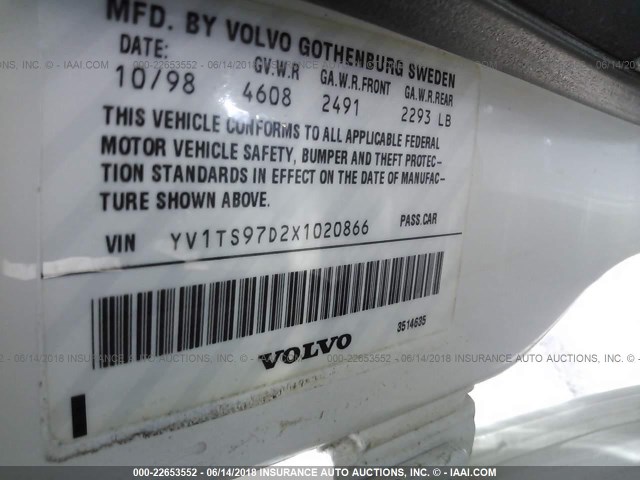 YV1TS97D2X1020866 - 1999 VOLVO S80 WHITE photo 9