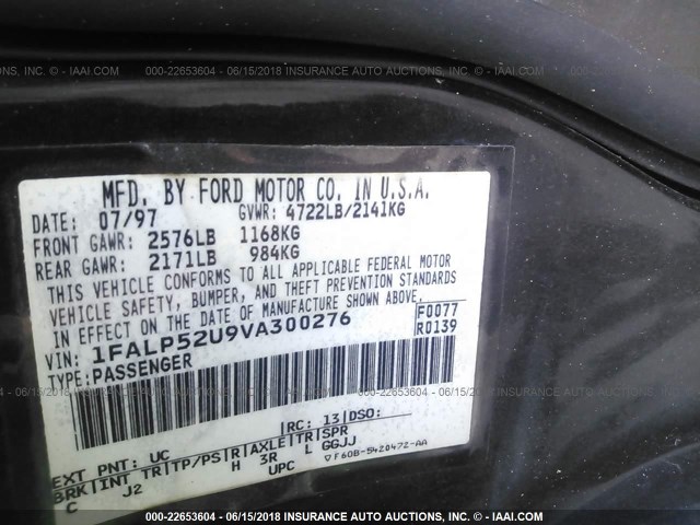 1FALP52U9VA300276 - 1997 FORD TAURUS GL BLACK photo 9