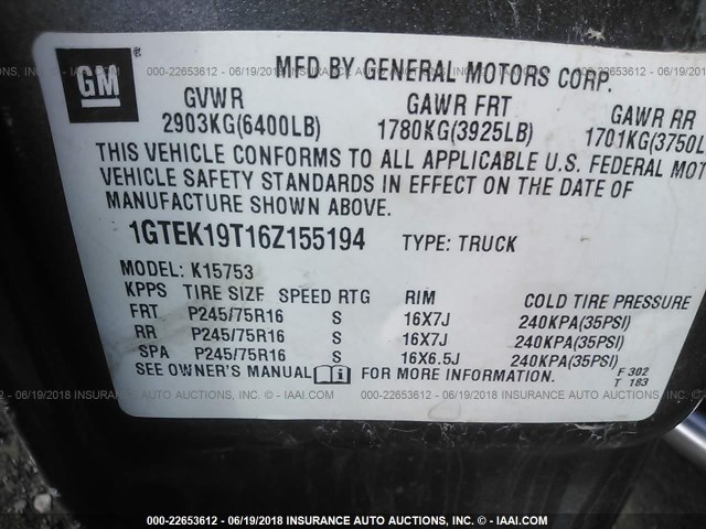 1GTEK19T16Z155194 - 2006 GMC NEW SIERRA K1500 GRAY photo 9