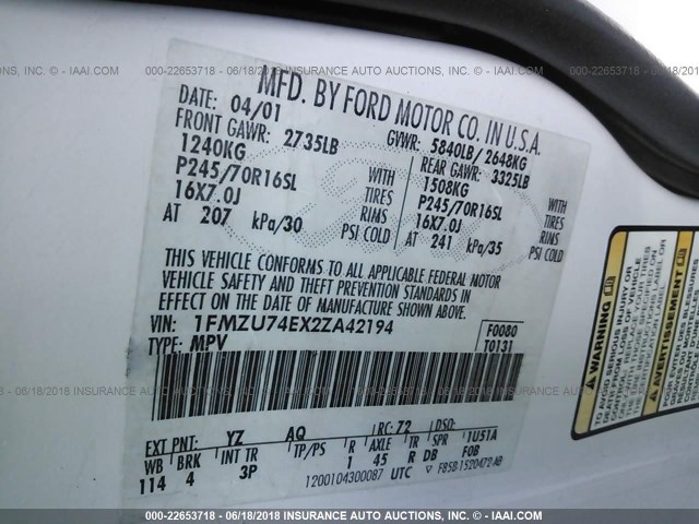 1FMZU74EX2ZA42194 - 2002 FORD EXPLORER EDDIE BAUER თეთრი ფოტო 9