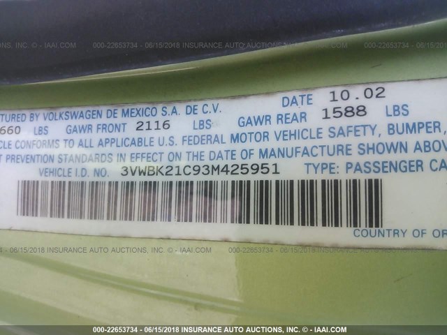 3VWBK21C93M425951 - 2003 VOLKSWAGEN NEW BEETLE GL 绿色 照片 9