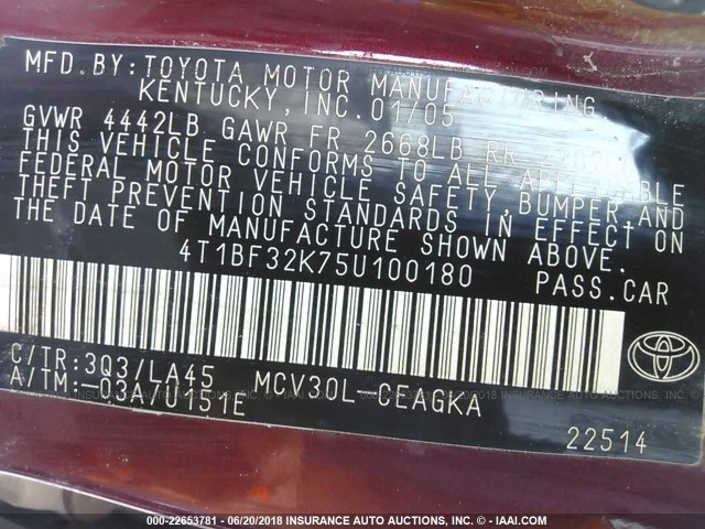 4T1BF32K75U100180 - 2005 TOYOTA CAMRY LE/XLE/SE 栗色 照片 9