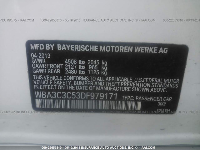 WBA3C3C53DF979171 - 2013 BMW 320 I/XDRIVE WHITE photo 9