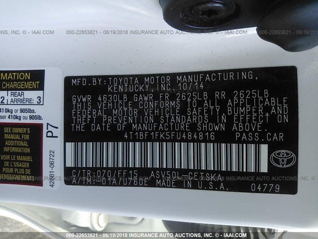 4T1BF1FK5FU484816 - 2015 TOYOTA CAMRY LE/XLE/SE/XSE WHITE photo 9