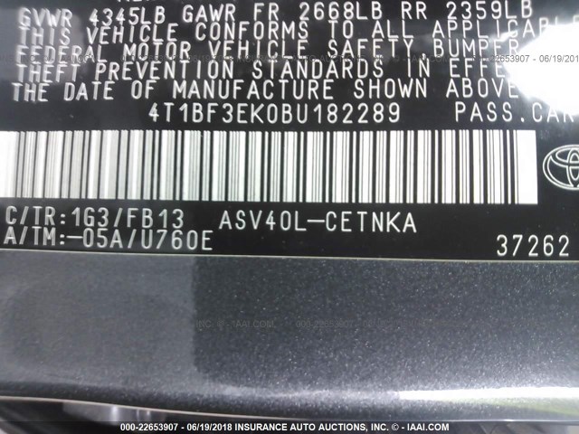 4T1BF3EK0BU182289 - 2011 TOYOTA CAMRY SE/LE/XLE 灰色 照片 9