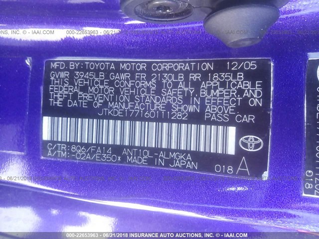 JTKDE177160111282 - 2006 TOYOTA SCION TC 紫色 照片 9