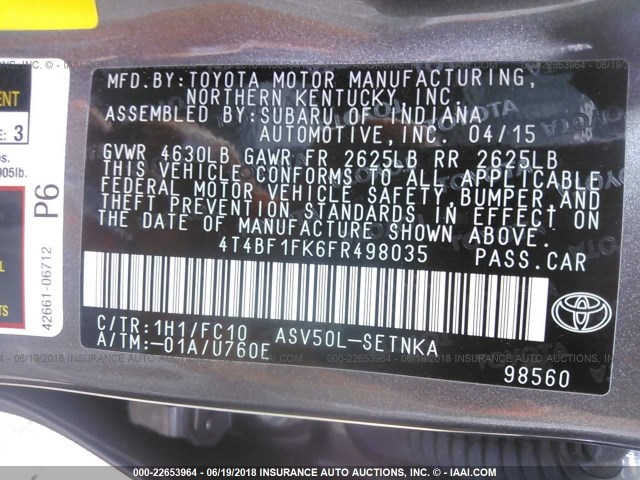 4T4BF1FK6FR498035 - 2015 TOYOTA CAMRY LE/XLE/SE/XSE GRAY photo 9