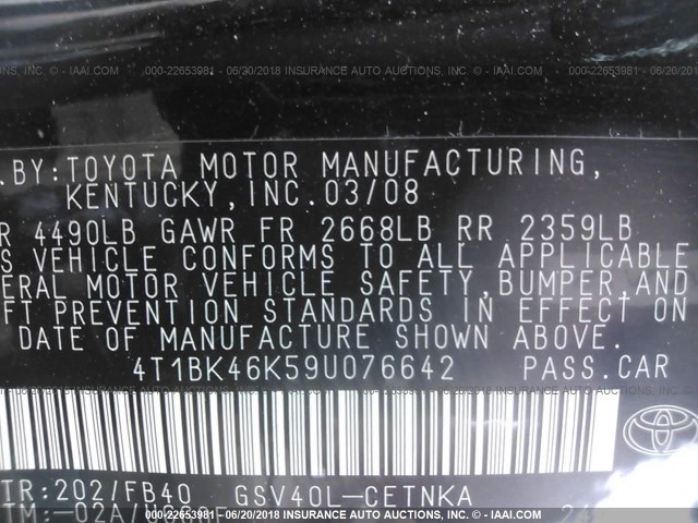 4T1BK46K59U076642 - 2009 TOYOTA CAMRY SE/LE/XLE 黑色 照片 9