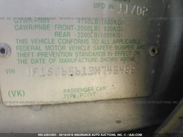 JF1SG65613H748482 - 2003 SUBARU FORESTER 2.5XS ვერცხლისფერი ფოტო 9