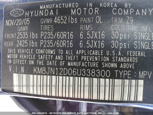 KM8JN12D06U338300 - 2006 HYUNDAI TUCSON GLS/LIMITED BLUE photo 9