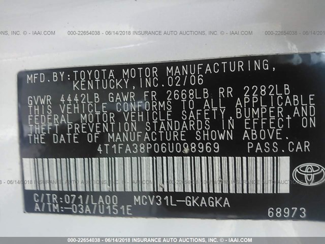 4T1FA38P06U098969 - 2006 TOYOTA CAMRY SOLARA SE/SLE Ağ foto 9