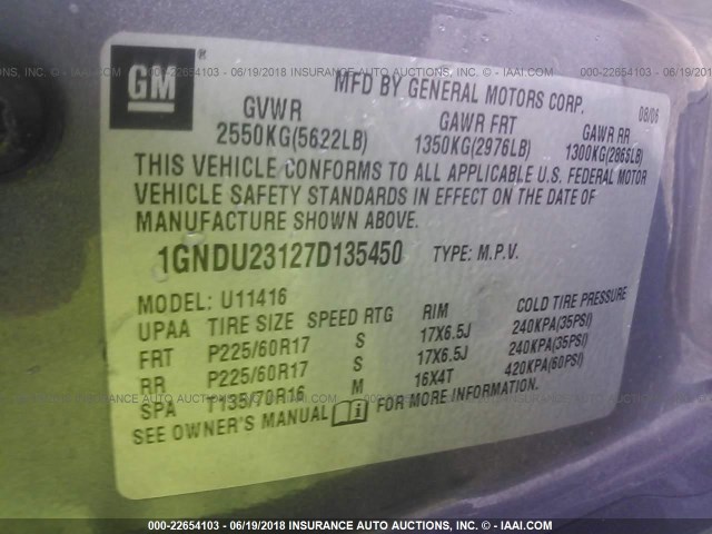 1GNDU23127D135450 - 2007 CHEVROLET UPLANDER LS Մոխրագույն լուսանկար 9