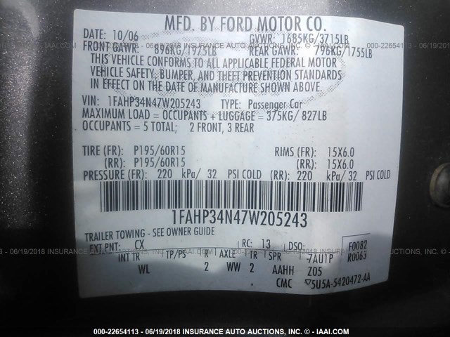 1FAHP34N47W205243 - 2007 FORD FOCUS ZX4/S/SE/SES 棕色 照片 9