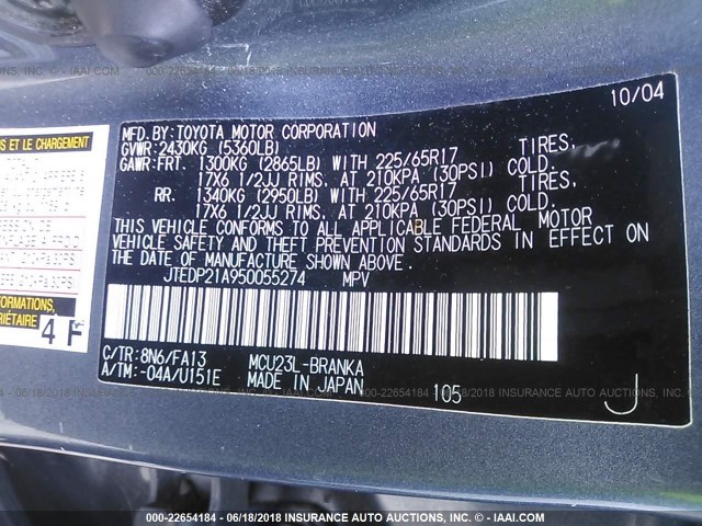 JTEDP21A950055274 - 2005 TOYOTA HIGHLANDER LIMITED GRAY photo 9