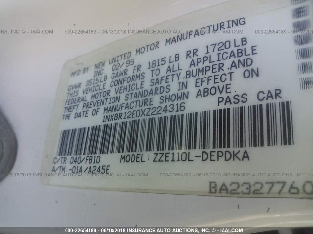 1NXBR12E0XZ224316 - 1999 TOYOTA COROLLA VE/CE/LE 白色 照片 9