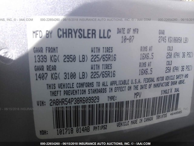 2A8HR54P38R609929 - 2008 CHRYSLER TOWN & COUNTRY TOURING SILVER photo 9