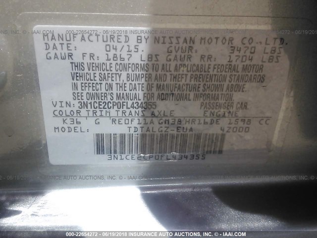 3N1CE2CP0FL434355 - 2015 NISSAN VERSA NOTE S/S PLUS/SV/SL/SR SILVER photo 9