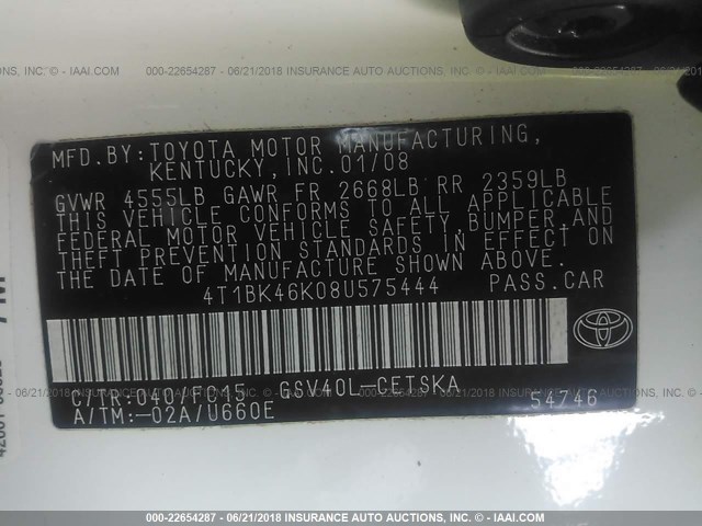 4T1BK46K08U575444 - 2008 TOYOTA CAMRY LE/XLE/SE თეთრი ფოტო 9