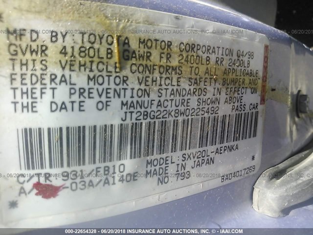 JT2BG22K8W0225492 - 1998 TOYOTA CAMRY CE/LE/XLE BLUE photo 9