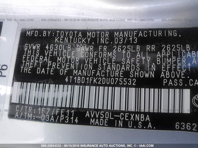 4T1BD1FK2DU075532 - 2013 TOYOTA CAMRY HYBRID/LE/XLE ვერცხლისფერი ფოტო 9