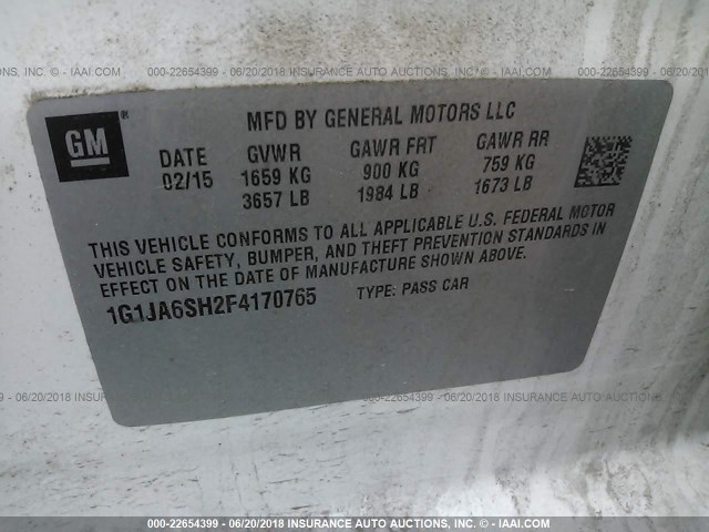 1G1JA6SH2F4170765 - 2015 CHEVROLET SONIC LS 白色 照片 9