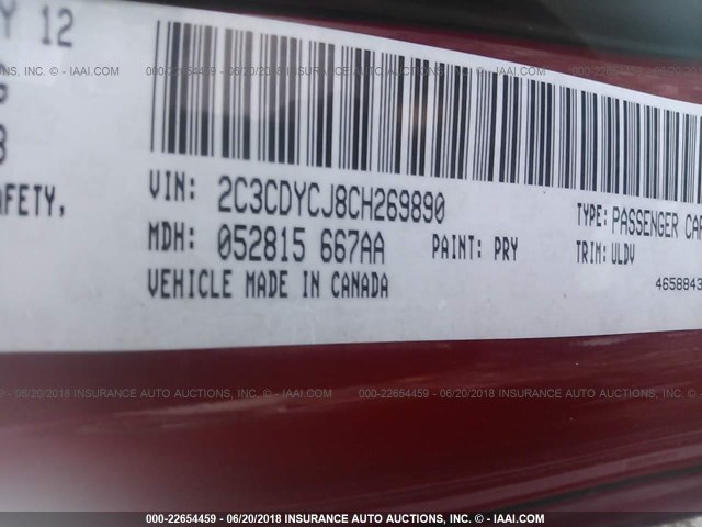 2C3CDYCJ8CH269890 - 2012 DODGE CHALLENGER SRT-8 RED photo 9