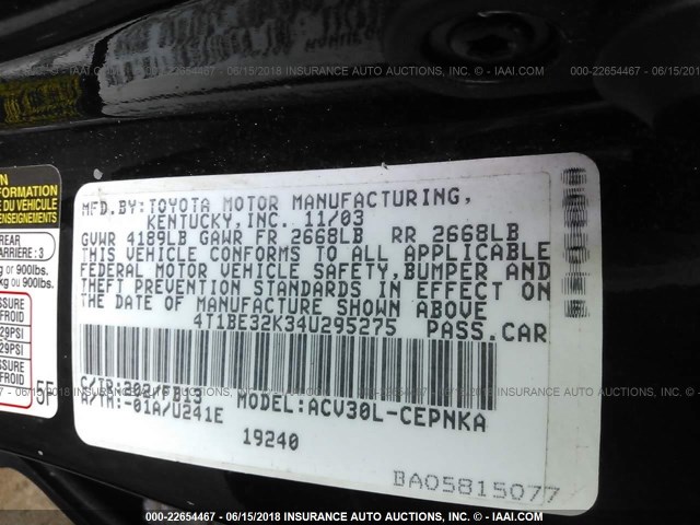 4T1BE32K34U295275 - 2004 TOYOTA CAMRY LE/XLE/SE შავი ფოტო 9