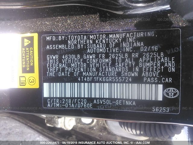 4T4BF1FK6GR555724 - 2016 TOYOTA CAMRY LE/XLE/SE/XSE BLACK photo 9