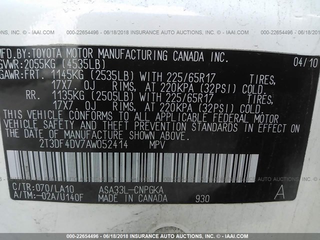 2T3DF4DV7AW052414 - 2010 TOYOTA RAV4 LIMITED Ağ foto 9