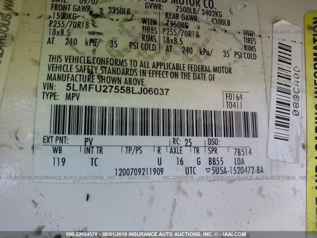 5LMFU27558LJ06037 - 2008 LINCOLN NAVIGATOR WHITE photo 9