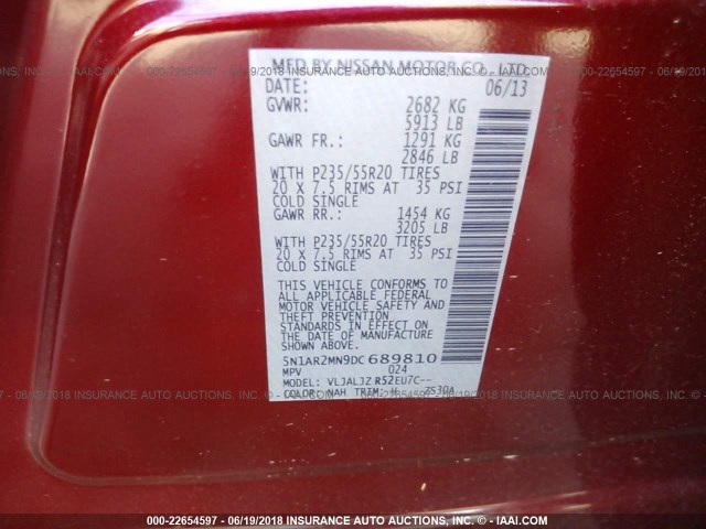 5N1AR2MN9DC689810 - 2013 NISSAN PATHFINDER S/SV/SL/PLATINUM 红色 照片 9