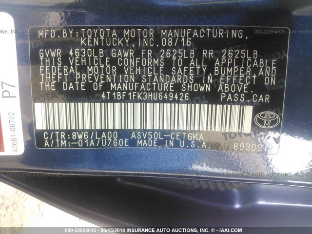 4T1BF1FK3HU649426 - 2017 TOYOTA CAMRY LE/XLE/SE/XSE Dark Blue photo 9